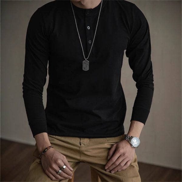 American Retro 320g Heavy Henley Shirt Slim Cotton T-shirt - Image 7