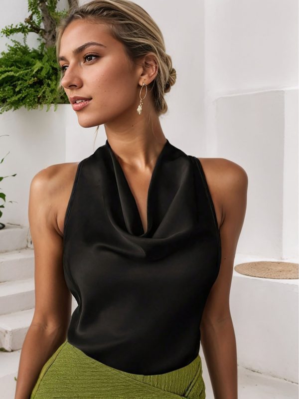 Women Solid Color Swing Collar Sleeveless Vest Trendy Elegant Shirt With Halter Neckline Backless Short Sleeve Tops Tshirts - Image 3