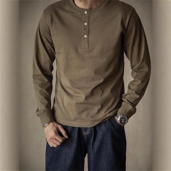 American Retro 320g Heavy Henley Shirt Slim Cotton T-shirt - Image 3