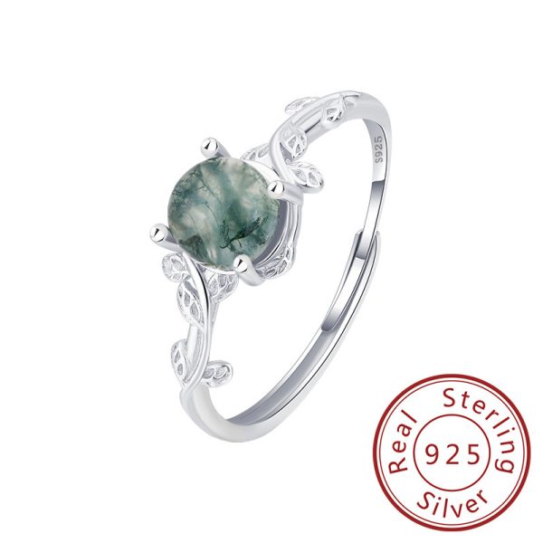 S925 Silver Green Moss Ring Water Plants Agate Stone Finger Ring - Image 5