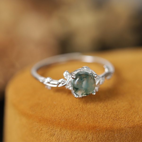 S925 Silver Green Moss Ring Water Plants Agate Stone Finger Ring - Image 2